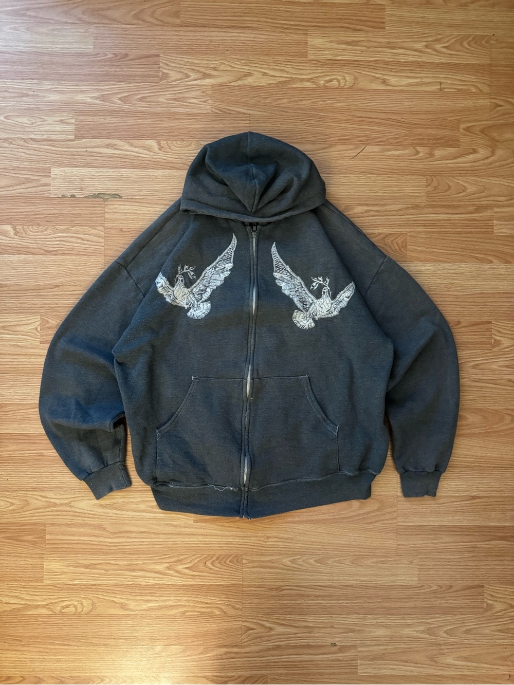 Sick Grey Zip Up With Embroidered Doves